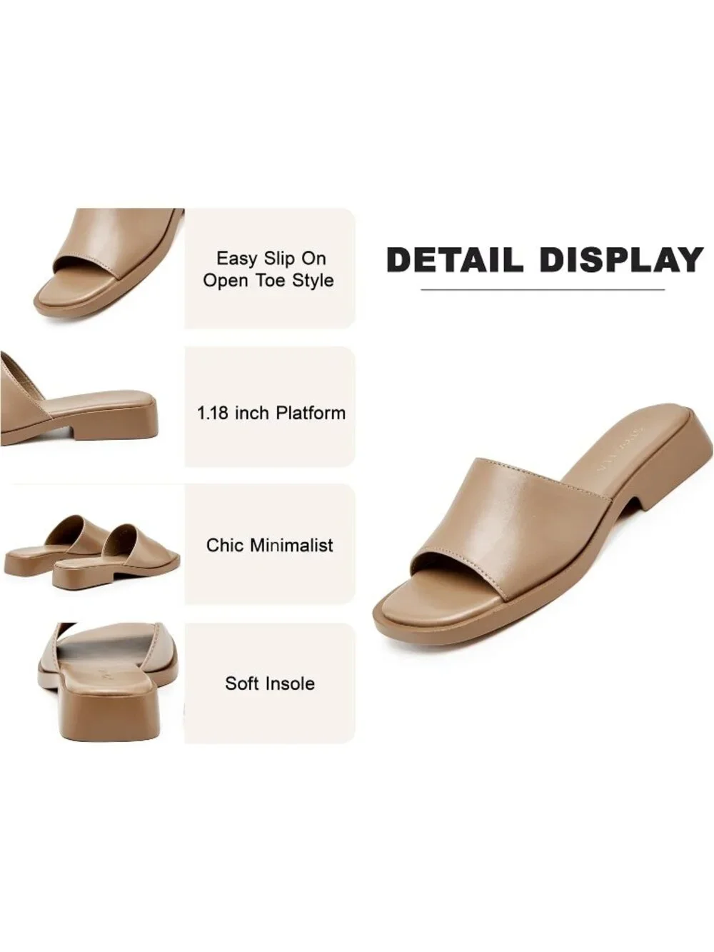 Women’s Khaki Faux Leather Comfortable Open Toe Fashion Backless Casual Flats